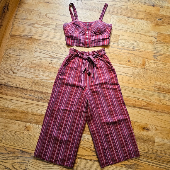 American Eagle Size S/M Red Linen Blend Set Wide Legs Pants and Corset Top - Picture 1 of 8